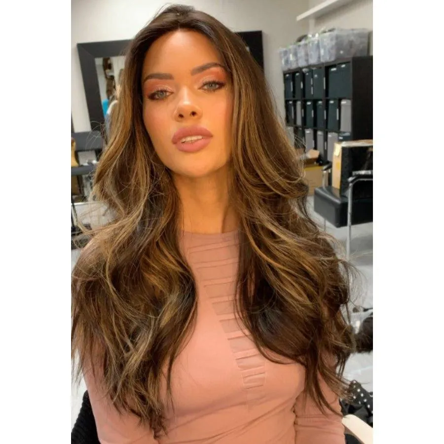 26" Ponytail Silk Top Wig Dark Brown Balayage w/ Money Pieces