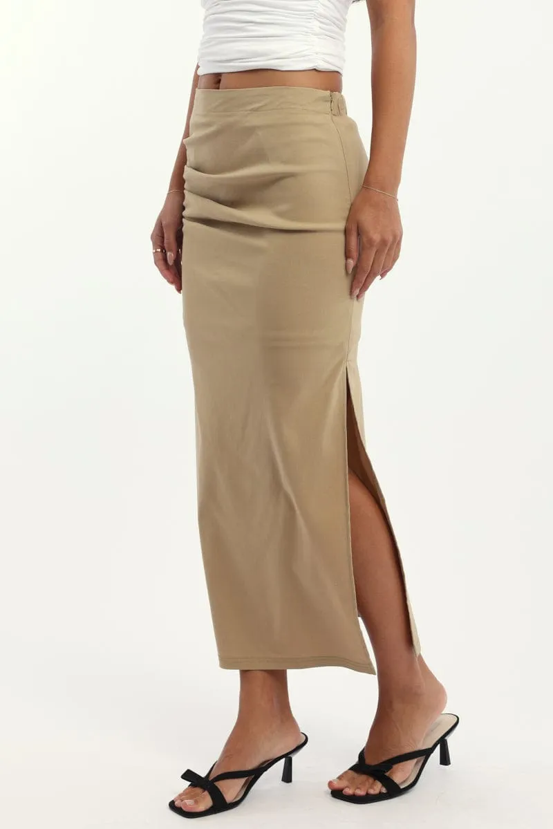 Beige Gathered Midi Skirt High Rise Bengaline Split