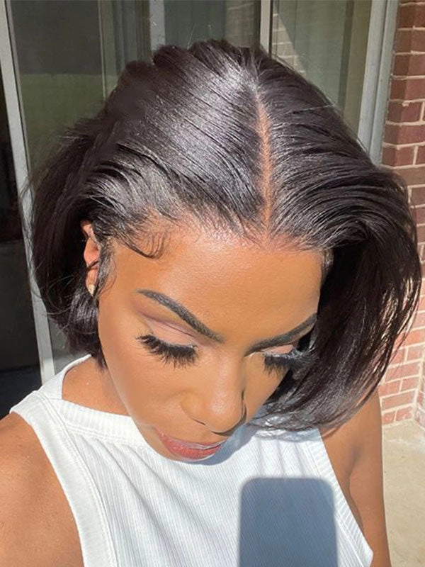 Chinalacewig Human Hair Blunt Cut Bob Relaxed Hair Yaki Bob HD Lace Front Wig CF061