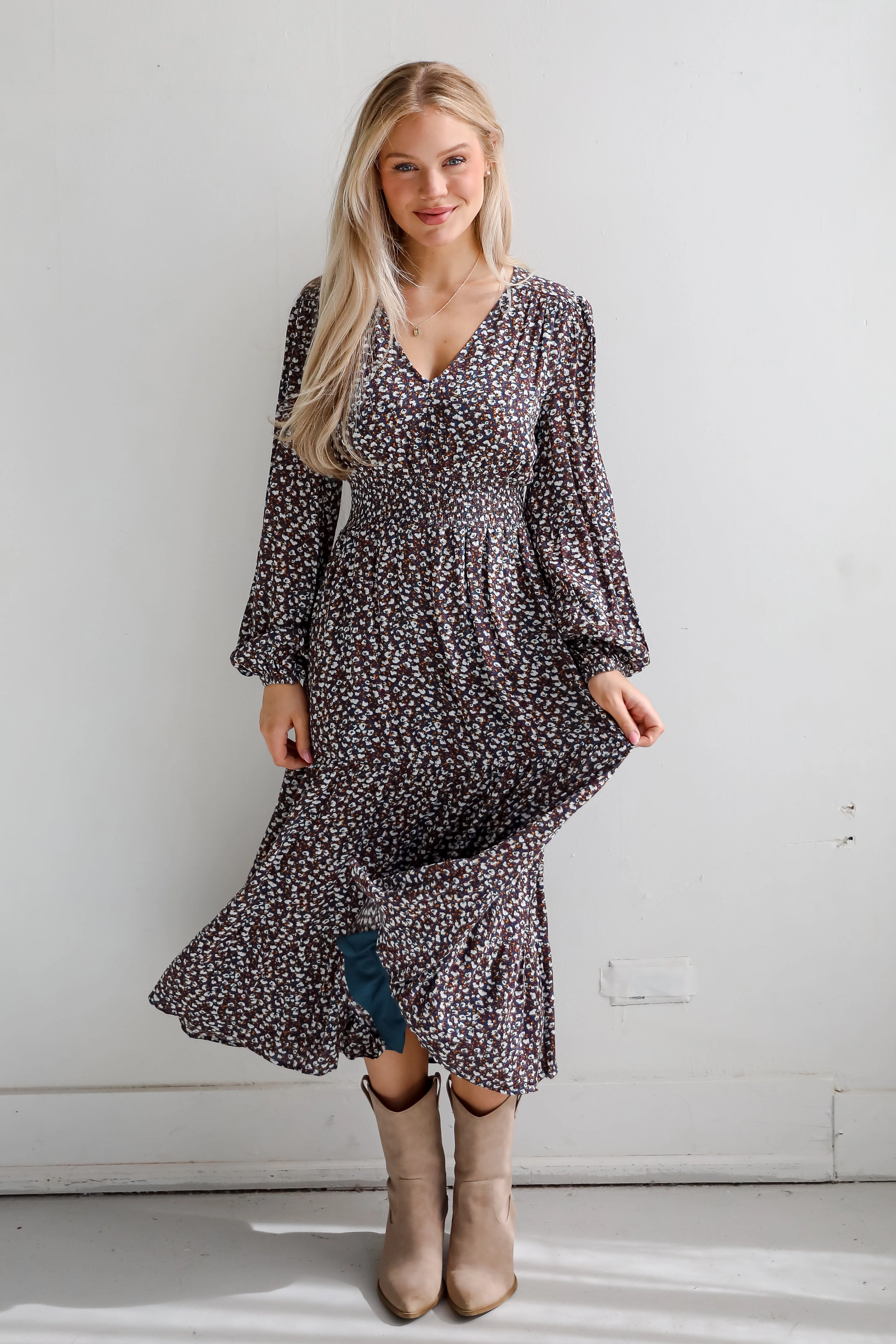 FINAL SALE - Glowing Sophistication Teal Floral Midi Dress