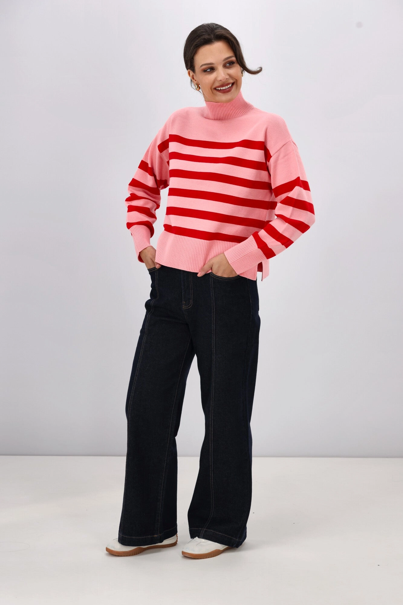 ONLY Carol Bari L/S Highneck Stripe Jumper Quartz Pink