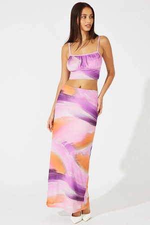 Pink Abstract Maxi Skirt High Rise Mesh