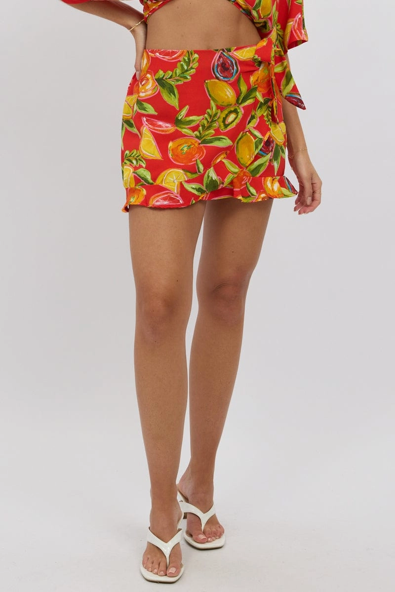 Red Abstract Wrap Skirt High Waisted Mini Ruffle