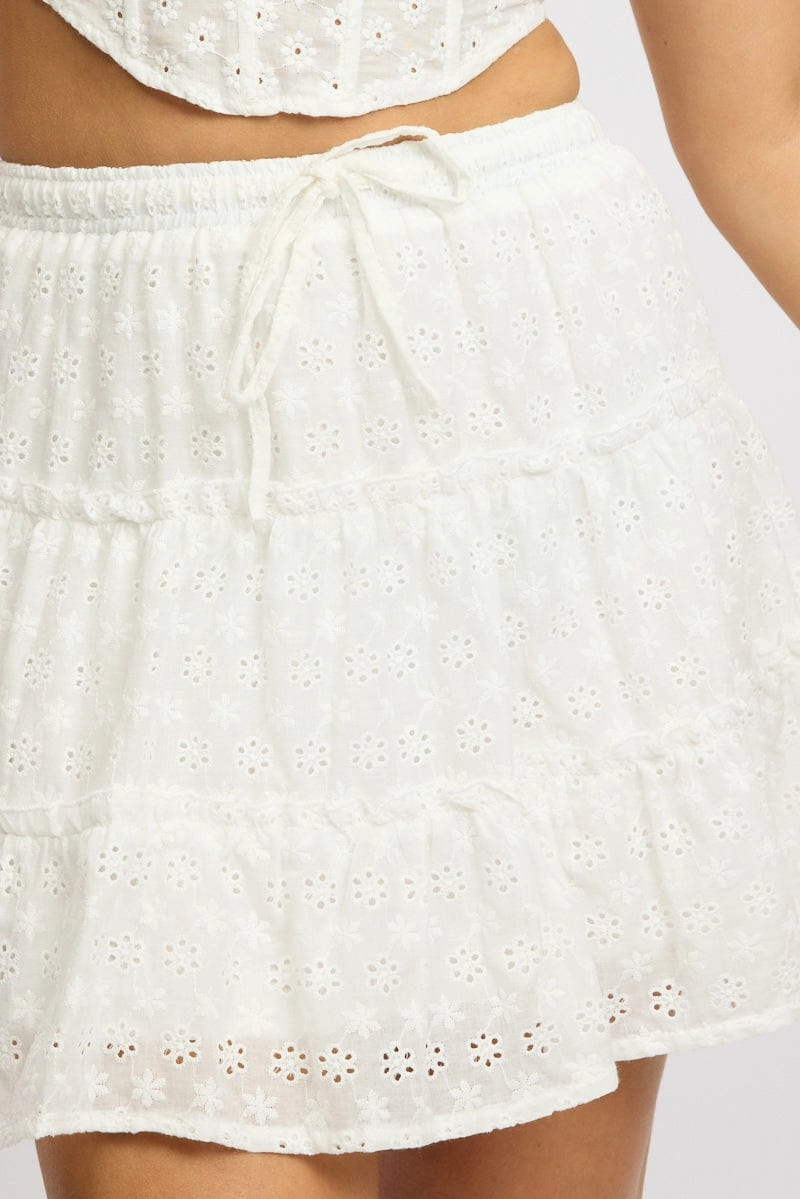 White Skater Skirt High Rise Tiered Mini Broidery Eyelet