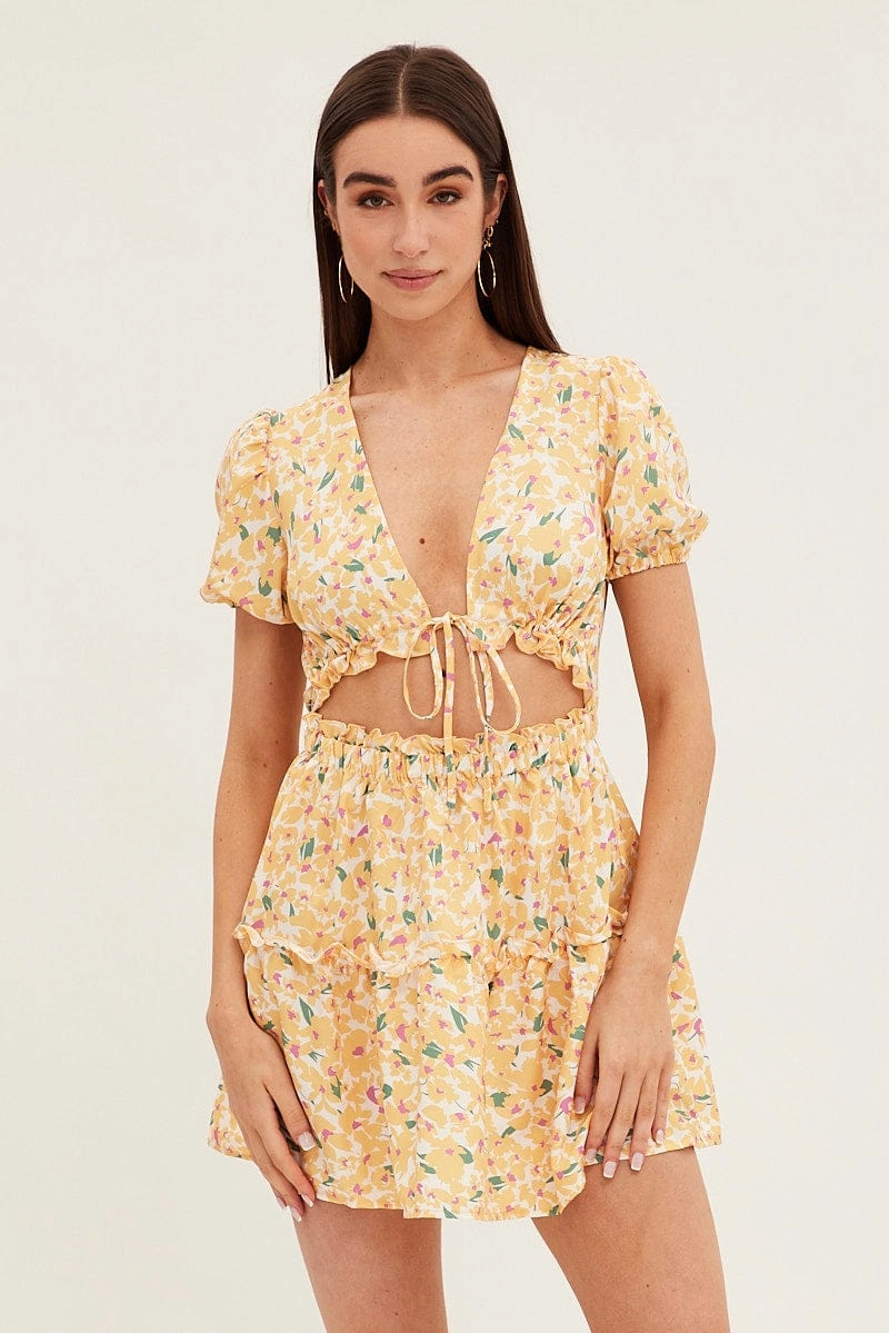 Yellow Print Cutout Skater Dress