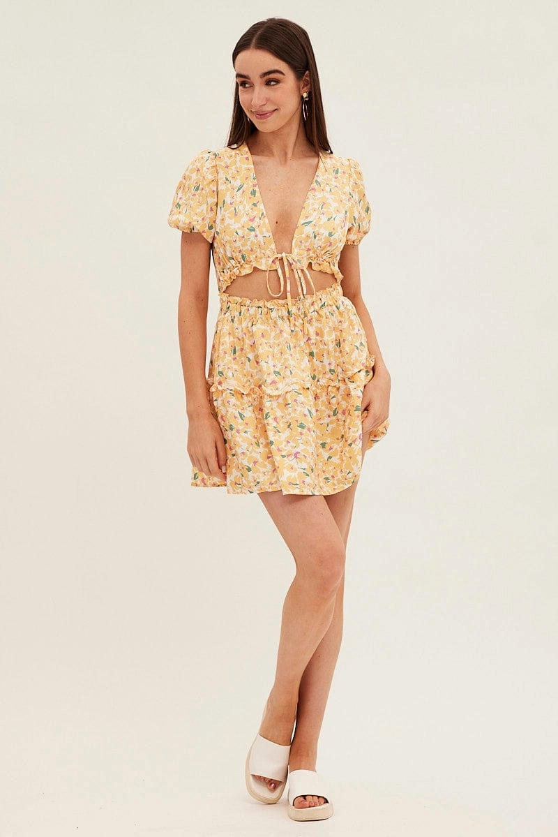 Yellow Print Cutout Skater Dress